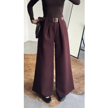 Asfa Moda Kadın Bordo Gizli Kemerli Ekstra Bol Wide Leg Pantolon Yüksek Bel