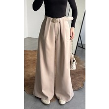 Asfa Moda Kadın Krem Gizli Kemerli Ekstra Bol Wide Leg Pantolon Yüksek Bel