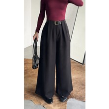 Asfa Moda Kadın Siyah Gizli Kemerli Ekstra Bol Wide Leg Pantolon Yüksek Bel
