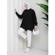 Moda Neva Kadın Cep Detaylı Muslin Kumaş Oversize Gömlek