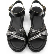 Efw %100 Deri Siyah Gümüş Detaylı Çapraz Kadın Sandalet