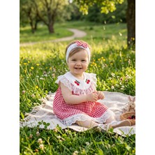 Vişne Bebe Kız Çocuk Pötikare Dantelli Bandanalı Kloş Elbise