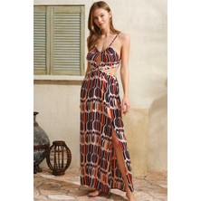 Moda Şahsenem Boyundan Bağlamalı V Yaka Kadın Viskon Geometrik Yazlık Ip Detaylı Elbise