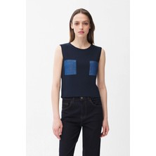 adL Cep Denim Detaylı Triko Bluz Lacivert 11546619000