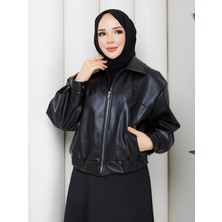 Comstar Kadın Trend Premium Mevsimlik Bomber Siyah Deri Ceket