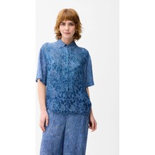 Love My Body Denim Görünümlü Desenli Kısa Kollu Gömlek Lacivert 130L9852000