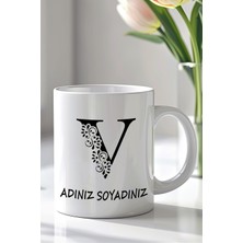 YasBey Design Kişiselleştirilebilir V Harfi Tasarımlı 330ML Baskılı Beyaz Seramik Kupa Bardak