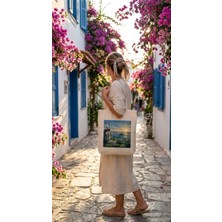 Fi Hediyelik Bodrum Temalı Çiçekli Illüstrasyon Baskılı Ham Bez Tote Bag Plaj Yazlık Günlük Çanta
