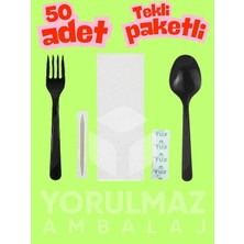 Yorulmaz Ambalaj 50’li Siyah Lüks Tekli Ambalajlı Yemek Seti – Hijyenik, Pratik, Premium Kalite (Kaşık Çatal Peçete Tuz Kürdan)
