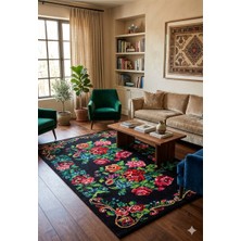 Hahay Kaliteli Yıkanabilir Siyah Gül Desenli Karabağ Dijital Baskı Kilim