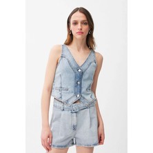 adL Önü Düğmeli Denim Yelek Mavi 17946576000