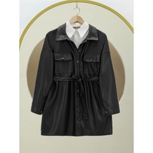 Modamorfo Beli Bağlamalı Çift Cepli Deri Gömlek -Siyah