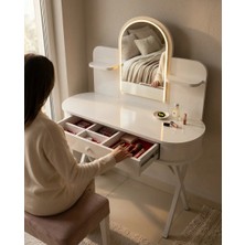 Hey Modüler Mobilya Mira LED Işıklı Aynalı Makyaj Masası Tuvalet Masası Çekmeceli Takı Düzenleyici Organizer Beyaz Metal