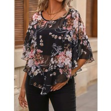 Ru Collective Kadın Kısa Kollu Yuvarlak Yaka Çiçek Baskılı Asimetrik Kesim Şifon Bluz