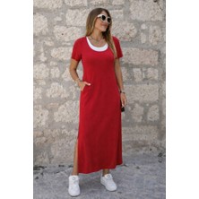 Ru Collective Kadın Kısa Kollu Içi Atlet Görünümlü Yandan Yırtmaçlı Uzun Viskon Elbise