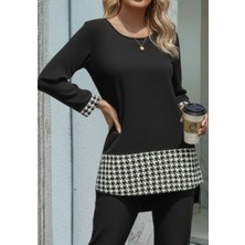 Ru Collective Kadın Uzun Kollu Yuvarlak Yakalı Kaz Ayağı Detaylı Viskon Iki Iplik Bluz ve Pantolon Ikili Takım