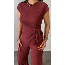 Ru Collective Kadın Kısa Kollu Bisiklet Yaka Yandan Bağlamalı Bürümcük Bluz ve Pantolon Ikili Takım