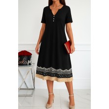 Ru Collective Kadın Kısa Kollu V Yakalı Etek Ucu Desenli Viskon Elbise