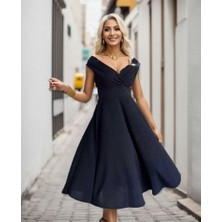 Ru Collective Kadın Kısa Kollu Kruvaze Yaka Eteği Volanlı Krep Elbise