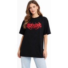 Ru Collective Baskılı T-Shirt Yazlık Kısa Kol Bisiklet Yaka Rahat Kalıp Tişört - Siyah