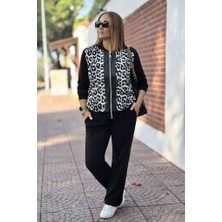Ru Collective Kadın Uzun Kollu Önden Fermuarlı Leopar Desenli Viskon Iki Iplik Bluz ve Pantolon Ikili Takım