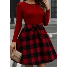 Ru Collective Kadın Uzun Kollu Bisiklet Yaka Üst Viskon Alt Ekose Kısa Elbise