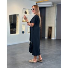 Ru Collective Kadın Kısa Kollu V Yakalı Cep Detaylı Uzun Viskon Iki Iplik Elbise