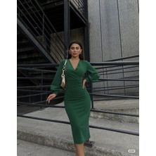 Ru Collective Kadın Kruvaze Yaka Balon Kol Simli Krep Kumaş Midi Boy Elbise