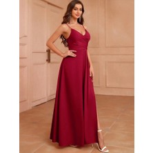 Ru Collective Kadın Ip Askılı Kruvaze Yakalı Yırtmaçlı Uzun Ithal Krep Elbise