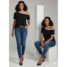 Ru Collective Kadın Kısa Kollu Tek Omuzu Açık Askı Toka Detaylı Viskon Bluz