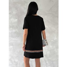 Ru Collective Kadın Kısa Kollu V Yakalı Etnik Desen Şerit Detaylı Viskon Elbise