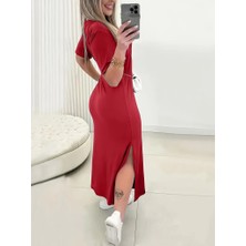 Ru Collective Kadın Kısa Kollu Bisiklet Yaka Yandan Yırtmaçlı Viskon Elbise