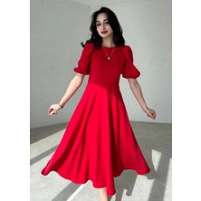 Ru Collective Kadın Kısa Balon Kollu Bisiklet Yaka Geniş Kesim Janjan Krep Elbise