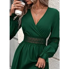 Ru Collective Kadın Uzun Kollu Kruvaze Yakalı Dantelli Fermuar Detaylı Mini Ithal Krep Elbise