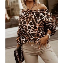 Ru Collective Kadın Uzun Kollu V Yaka Düşük Omuz Geometrik Desen Şardonlu Dalgıç Bluz