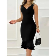 Ru Collective Kadın Askılı V Yaka Arkadan Fermuarlı Dalgıç Elbise