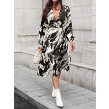 Ru Collective Kadın Uzun Kollu Kruvaze Yakalı Yandan Bağlamalı Desenli Mini Modal Elbise