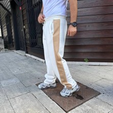 Ru Collective Erkek Üç Iplik Kışlık Pamuklu Yandan Garneli Kalın Bej Şeritli Cepli Eşofman Altı - Beyaz