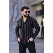 L-KOM Regular Çizgili Erkek Gömlek %100 Pamuk Rahat Kesim