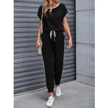 Ru Collective Kadın Kısa Kollu Yuvarlak Yakalı Şerit Detaylı Viskon Iki Iplik Bluz ve Pantolon Ikili Takım