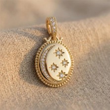 Zeino Ay Yıldız Zirkon Taşlı Madalyon Kolye Ucu - 14K Altın Kaplama - 28 mm