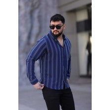 L-KOM Regular Çizgili Erkek Gömlek %100 Pamuk Rahat Kesim