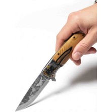 Mertcan Knife Mtech Kurt Desenli Katlanır Çakı - Ahşap Kabzalı Koleksiyonluk Çakı