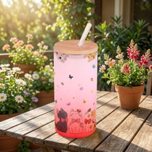 Sevimli Kedili Figürlü Buzlu Cam Suluk – 600 ml Cam Pipetli & Bam