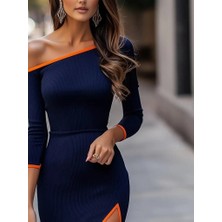 Ru Collective Kadın Uzun Kollu Tek Omuzu Açık Yandan Yırtmaçlı Midi Kaşkorse Elbise