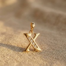 Zeino X Harfi Zirkon Taş Detaylı Kolye Ucu - 14K Altın Kaplama - 19 mm