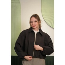 Boutich Kadın Kahverengi Oversize Fermuarlı Bomber Ceket – Salaş Crop Model