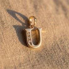 Zeino U Harfi Zirkon Taş Detaylı Kolye Ucu - 14K Altın Kaplama - 19 mm