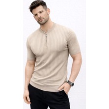 Erkek Kısa Kol Fitilli Triko T-Shirt Yazlık Hakim Yaka Tişört - Bej