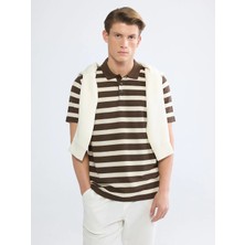 LC Waikiki Lcwaıkıkı Classic Kahverengi Polo Yaka Çizgili Erkek Tişört